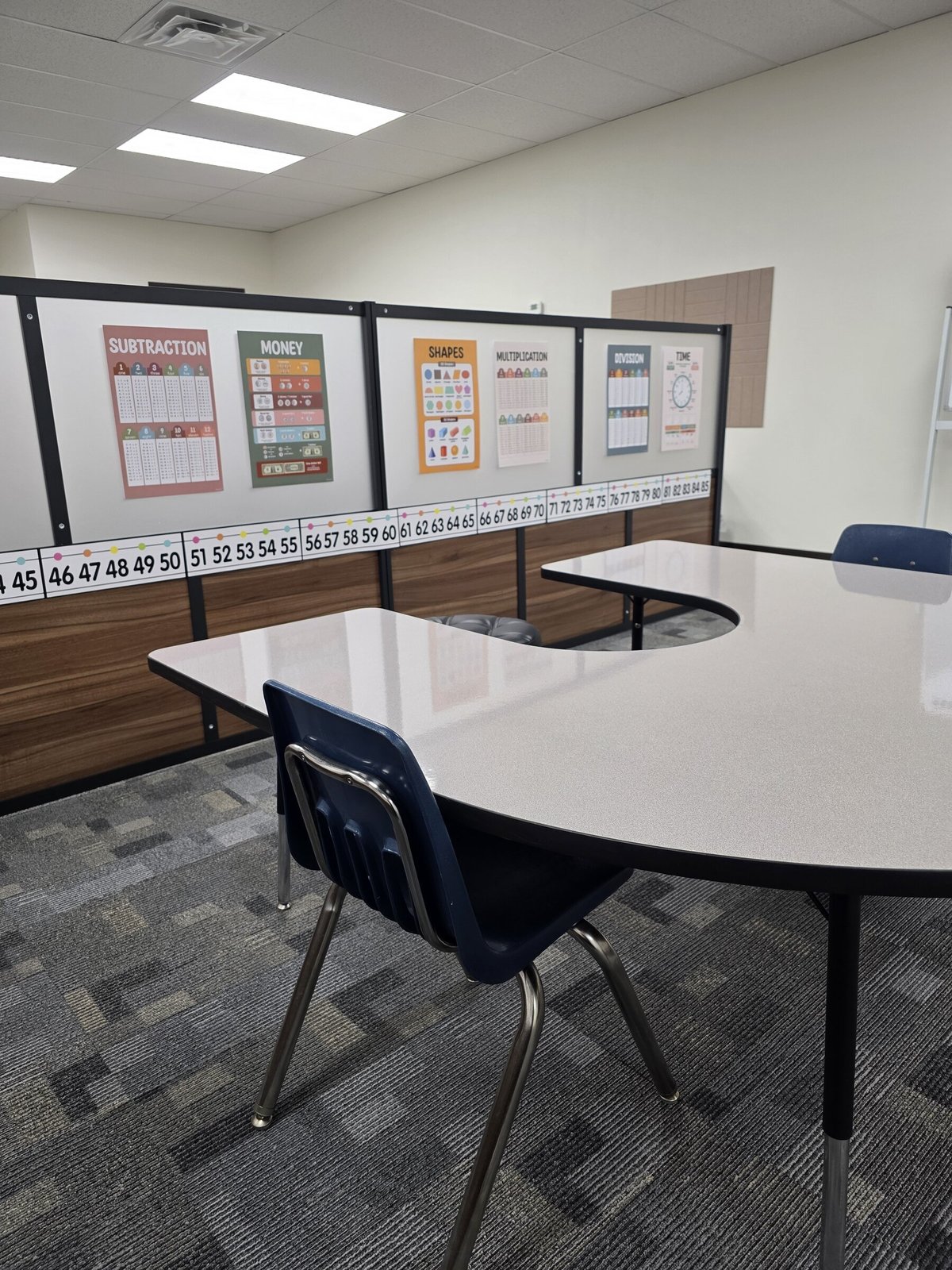 Small-group tutoring table surrounded by math posters