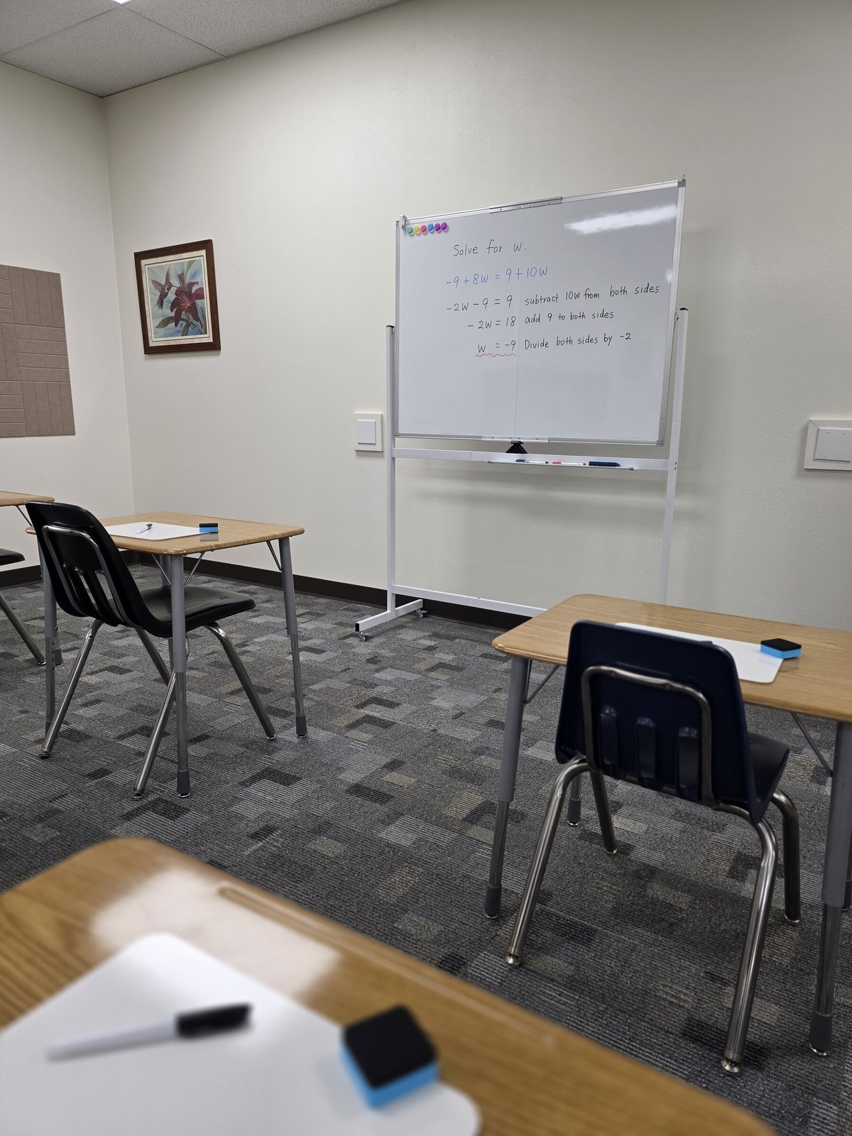 Quiet classroom with student desks and whiteboard
