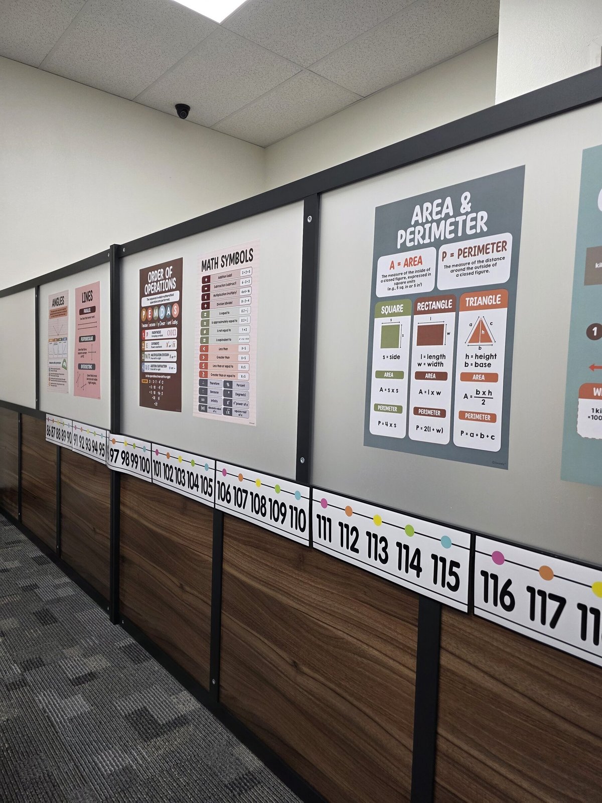 Classroom wall display with educational posters about area, perimeter, math symbols, and number lines mounted above wooden lower cabinets