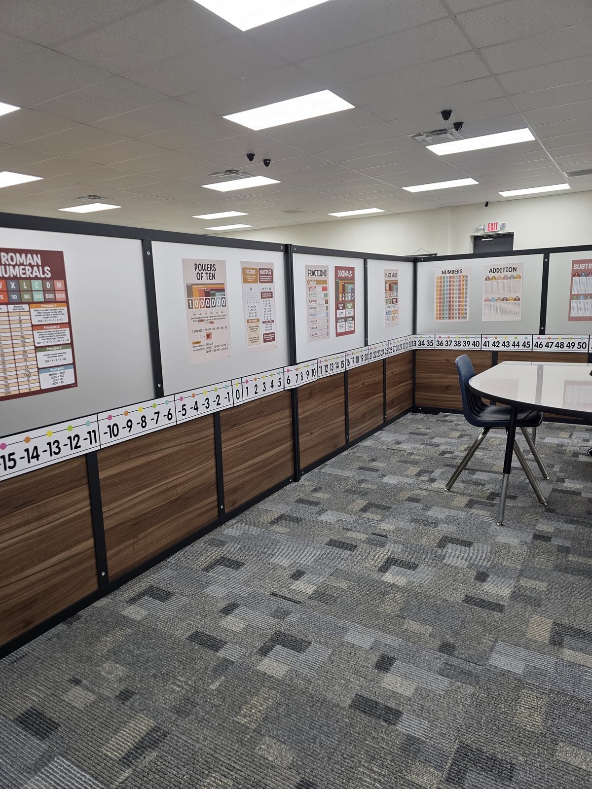 Math learning area with number line and math posters