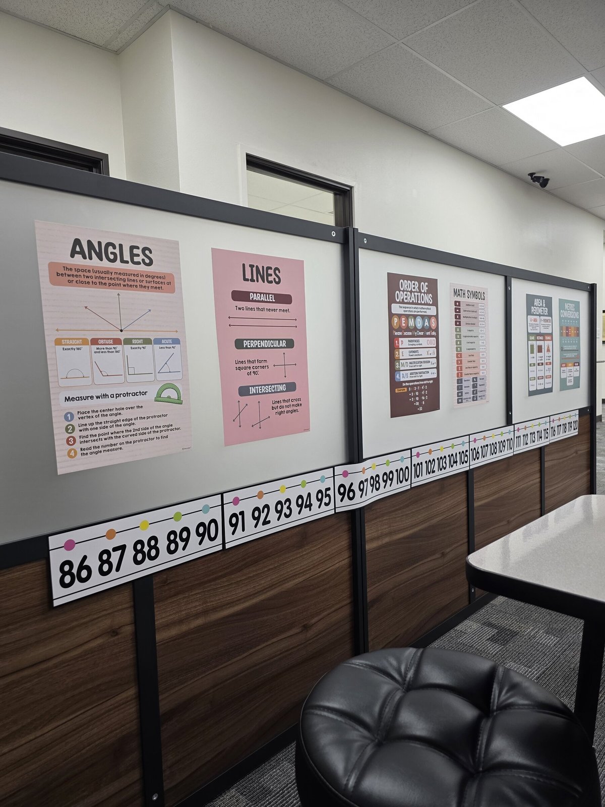 Math posters for angles, lines, order of operations, and area and perimeter